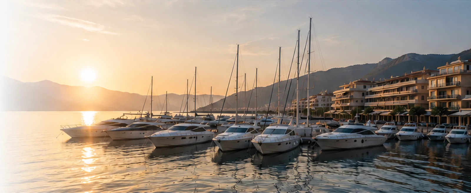 Europäische Yachtmarina bei Sonnenuntergang
